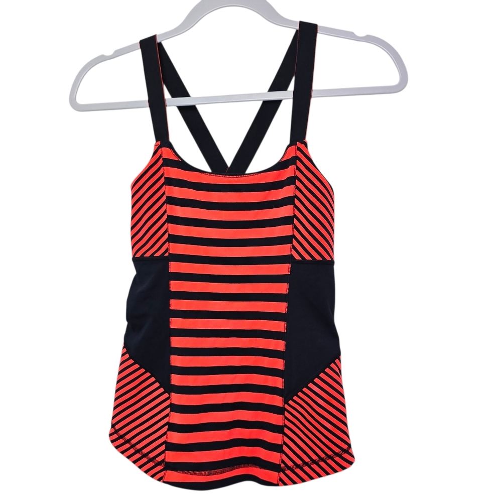 Lululemon Racerback Tank Sz 6 Orange Navy Stripe Activewear Yoga Gym Workout
